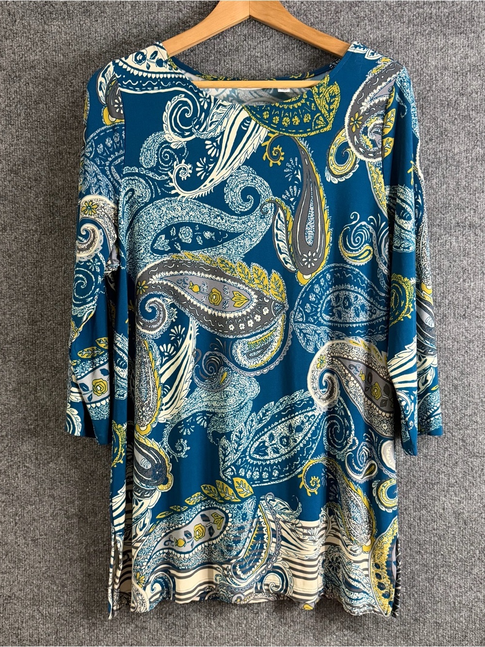 Susan Graver Liquid Knit Top Womens Large Teal Paisley 3/4 Sleeve Tunicโ Stretch
